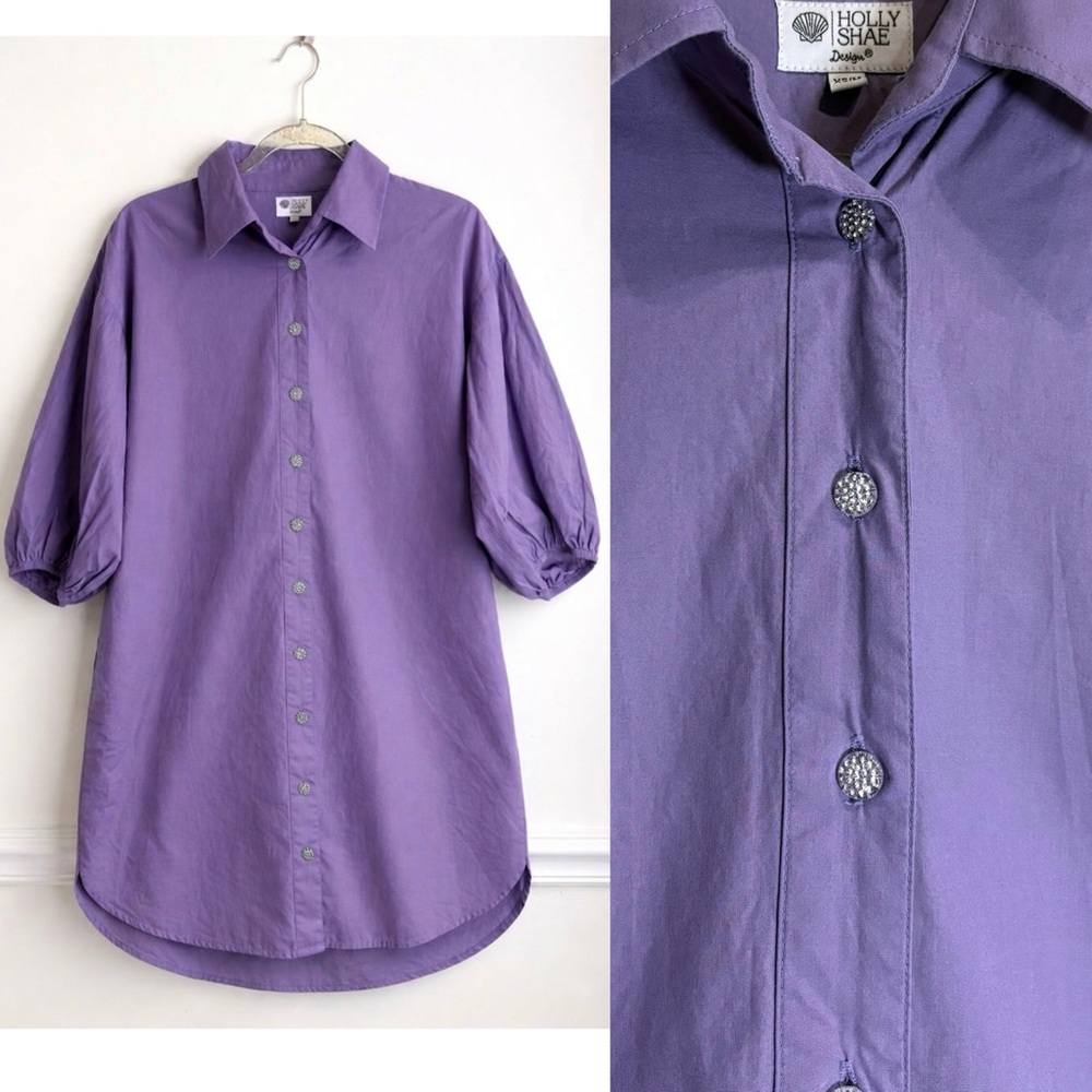 HOLLY SHAE DESIGN Purple Cotton 3/4 Puff Sleeve Crystal Button Dress XS/M